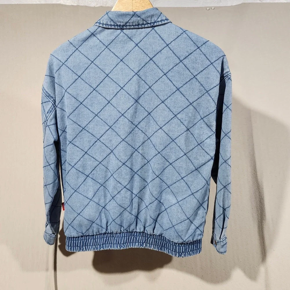 Sidefeel Womens Light Wash Quilted Diamond Denim Bomber Jacket Blue Size L Fall